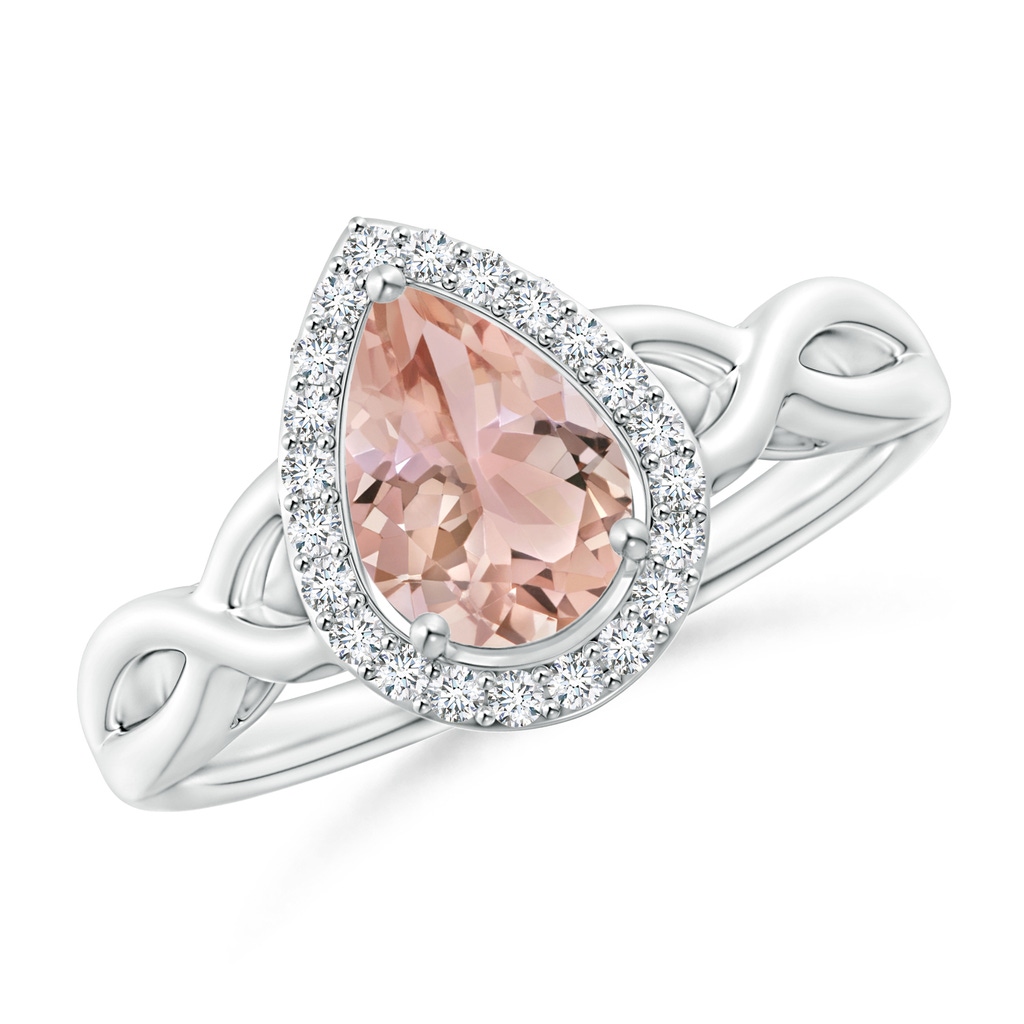 8x6mm AAA Pear-Shaped Morganite Halo Criss Cross Ring in White Gold
