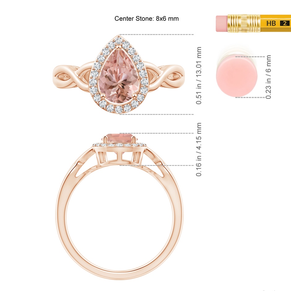 8x6mm AAAA Pear-Shaped Morganite Halo Criss Cross Ring in Rose Gold ruler