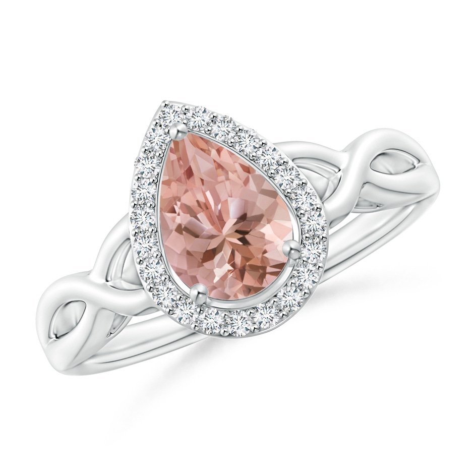 8x6mm AAAA Pear-Shaped Morganite Halo Criss Cross Ring in White Gold 