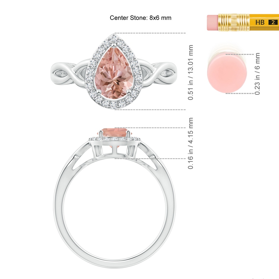 8x6mm AAAA Pear-Shaped Morganite Halo Criss Cross Ring in White Gold ruler