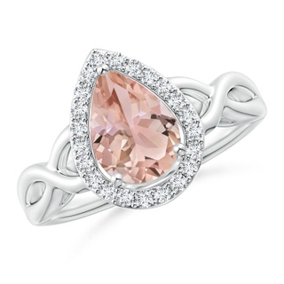 9x7mm AAA Pear-Shaped Morganite Halo Criss Cross Ring in White Gold