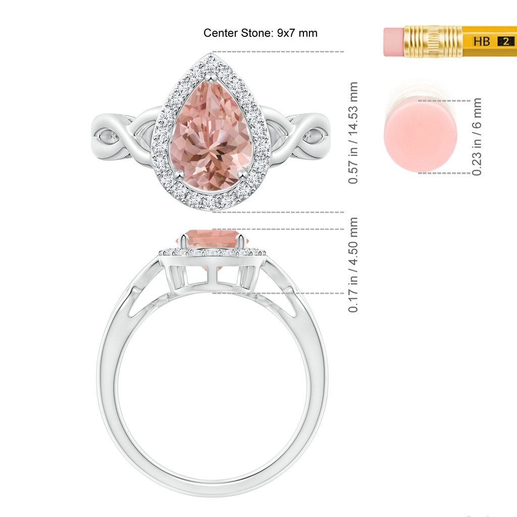 9x7mm AAAA Pear-Shaped Morganite Halo Criss Cross Ring in P950 Platinum Ruler