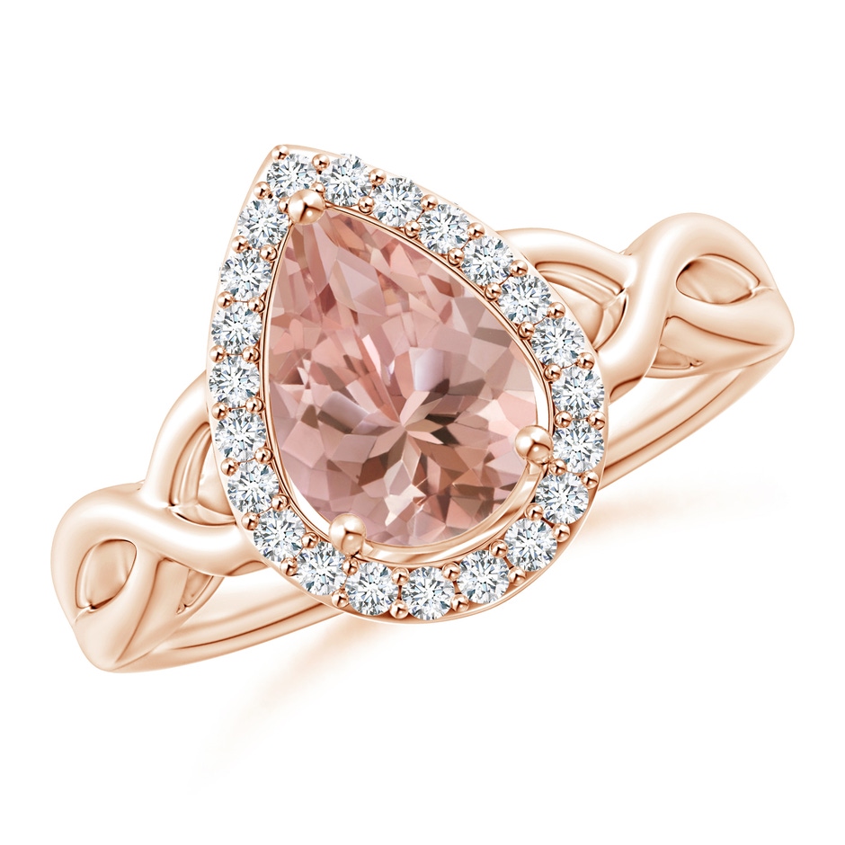 9x7mm AAAA Pear-Shaped Morganite Halo Criss Cross Ring in Rose Gold 