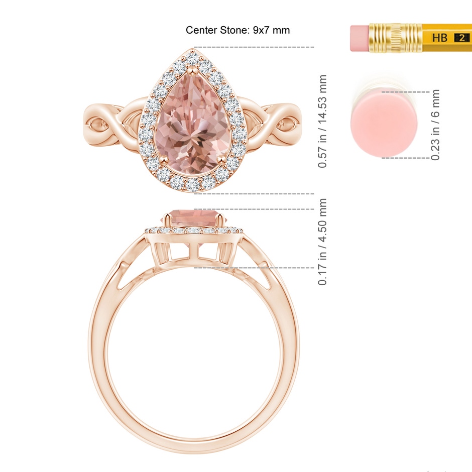 9x7mm AAAA Pear-Shaped Morganite Halo Criss Cross Ring in Rose Gold ruler