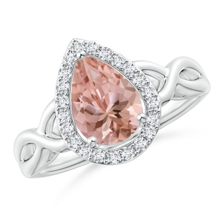 9x7mm AAAA Pear-Shaped Morganite Halo Criss Cross Ring in White Gold