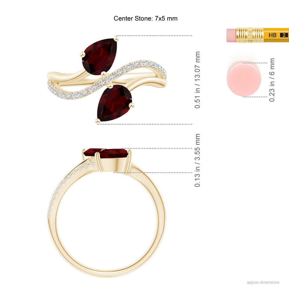 7x5mm A Pear-Shaped Garnet Two-Stone Bypass Ring in Yellow Gold ruler