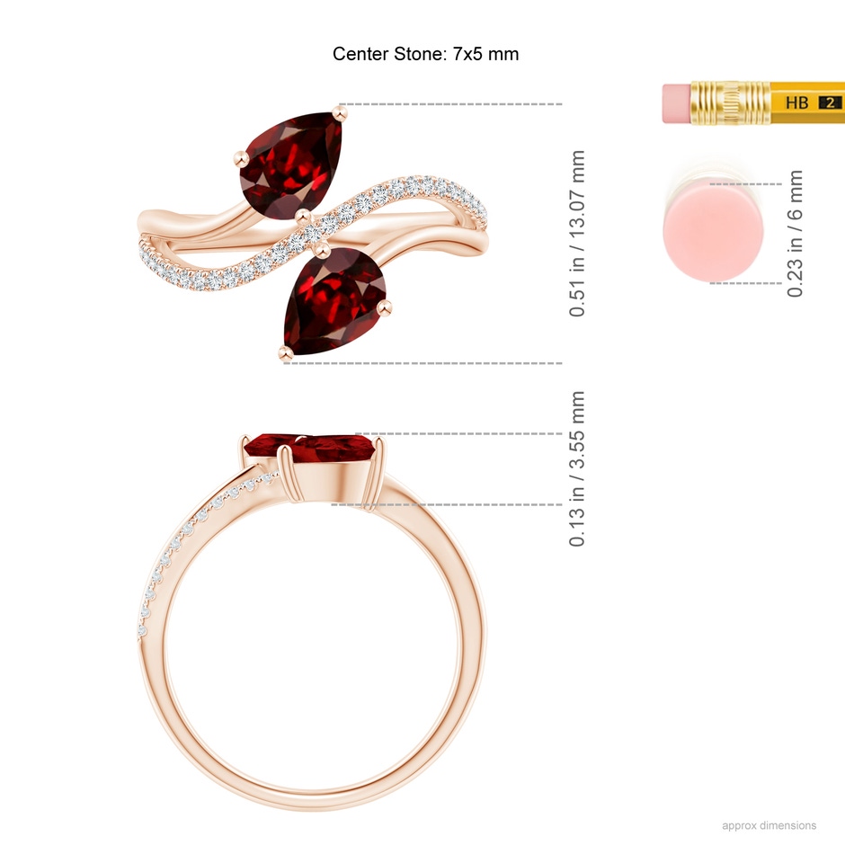 7x5mm AAAA Pear-Shaped Garnet Two-Stone Bypass Ring in Rose Gold ruler
