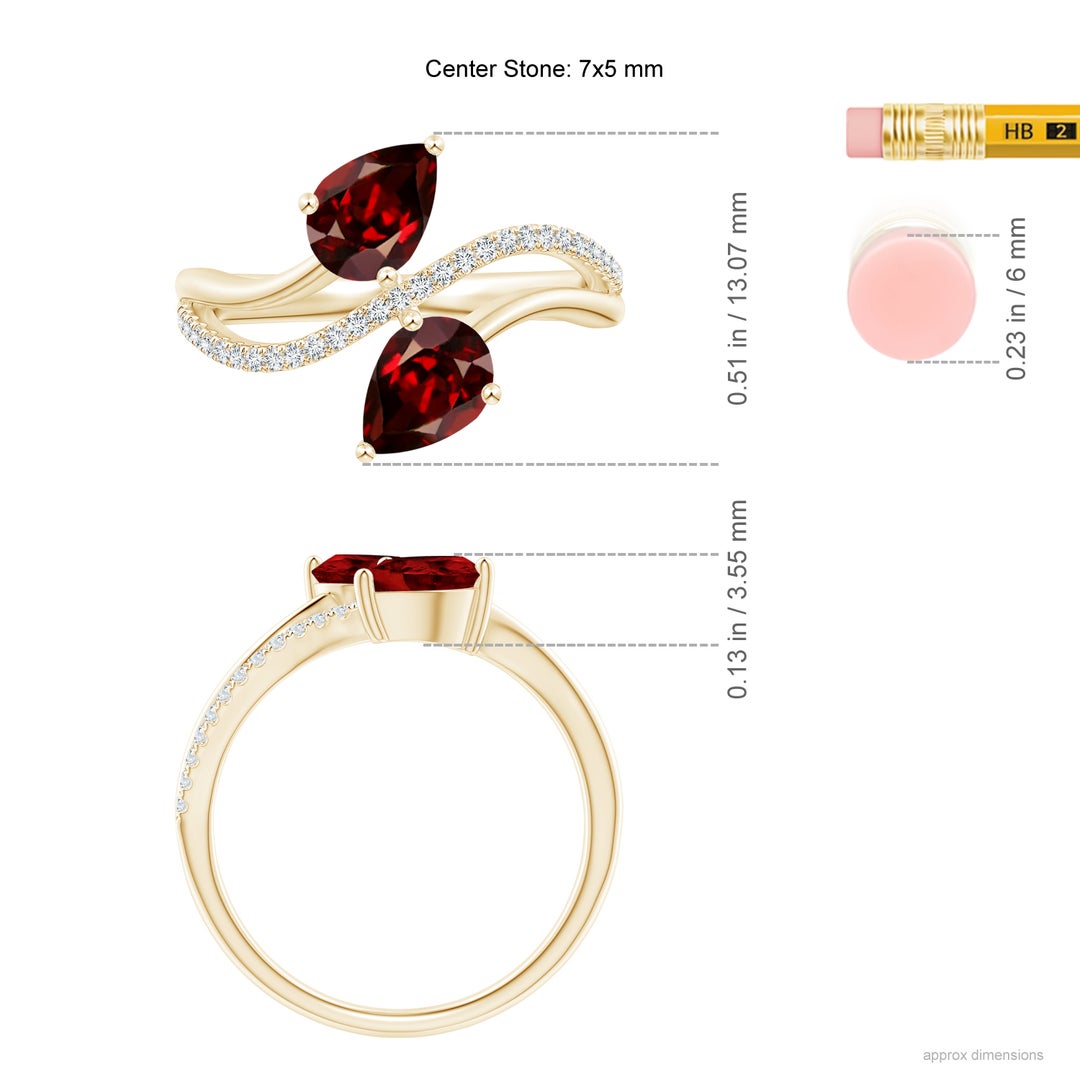 7x5mm AAAA Pear-Shaped Garnet Two-Stone Bypass Ring in Yellow Gold - ruler