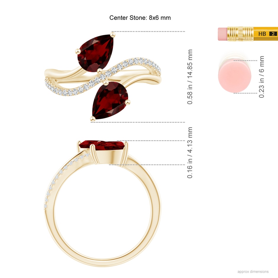 8x6mm AAA Pear-Shaped Garnet Two-Stone Bypass Ring in Yellow Gold ruler