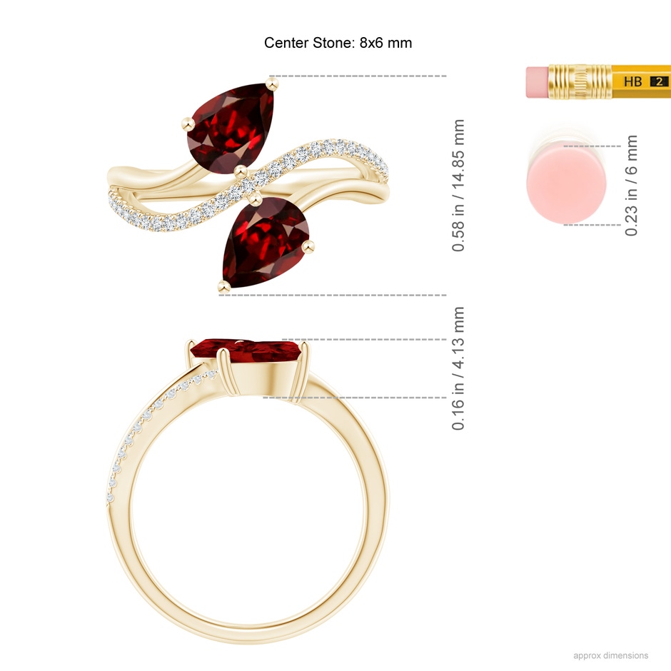 8x6mm AAAA Pear-Shaped Garnet Two-Stone Bypass Ring in Yellow Gold ruler