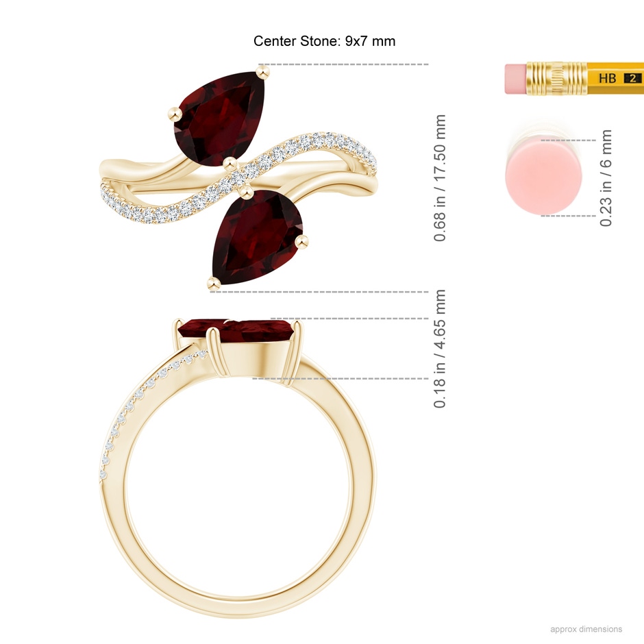 9x7mm A Pear-Shaped Garnet Two-Stone Bypass Ring in Yellow Gold ruler