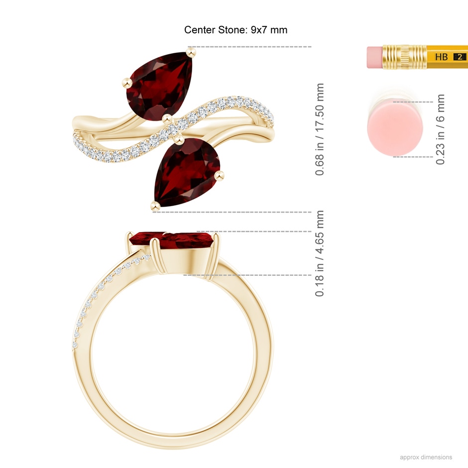 9x7mm AAA Pear-Shaped Garnet Two-Stone Bypass Ring in Yellow Gold ruler