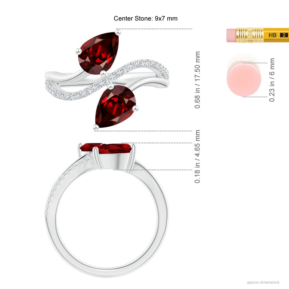 9x7mm AAAA Pear-Shaped Garnet Two-Stone Bypass Ring in P950 Platinum ruler