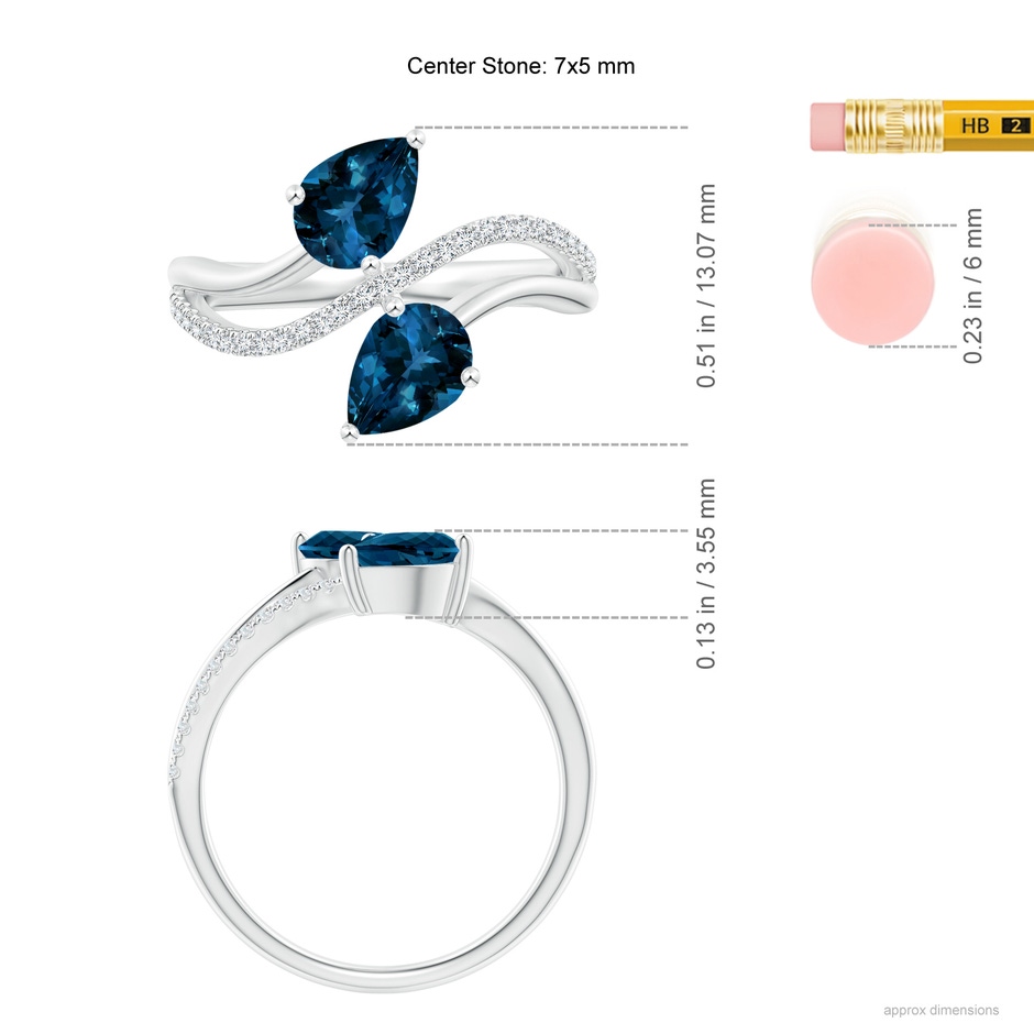 7x5mm AAAA Pear-Shaped London Blue Topaz Two-Stone Bypass Ring in P950 Platinum ruler