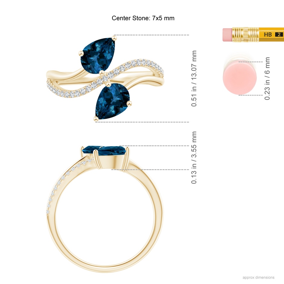 7x5mm AAAA Pear-Shaped London Blue Topaz Two-Stone Bypass Ring in Yellow Gold ruler