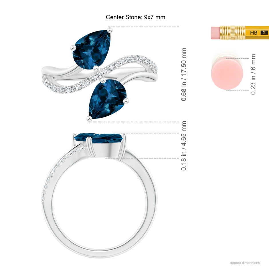 9x7mm AAAA Pear-Shaped London Blue Topaz Two-Stone Bypass Ring in P950 Platinum ruler