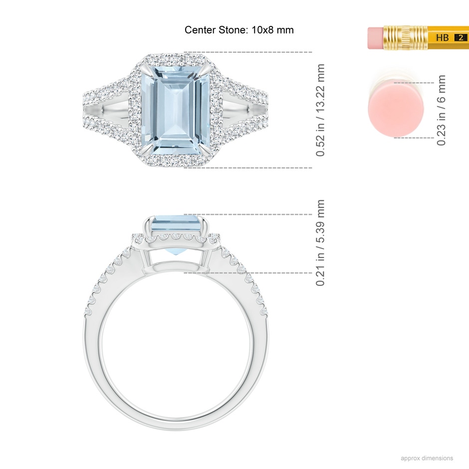 10x8mm A Emerald-Cut Aquamarine Split Shank Halo Ring in White Gold ruler