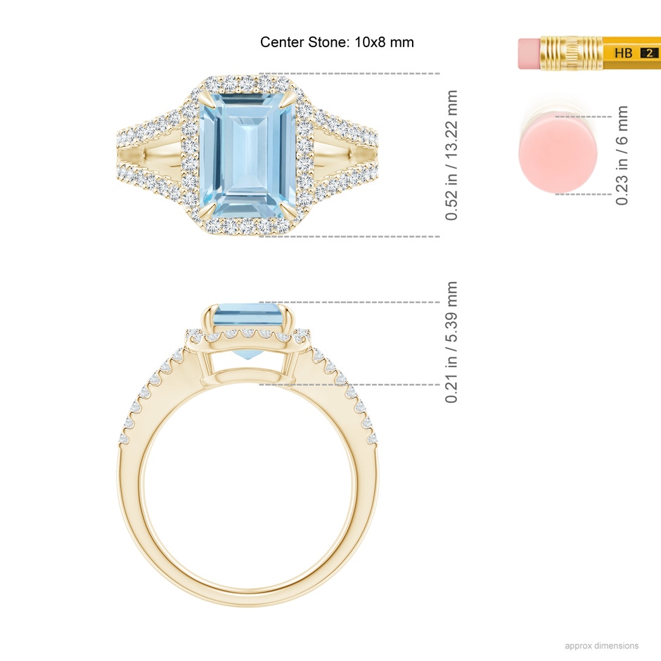 10x8mm AA Emerald-Cut Aquamarine Split Shank Halo Ring in Yellow Gold ruler