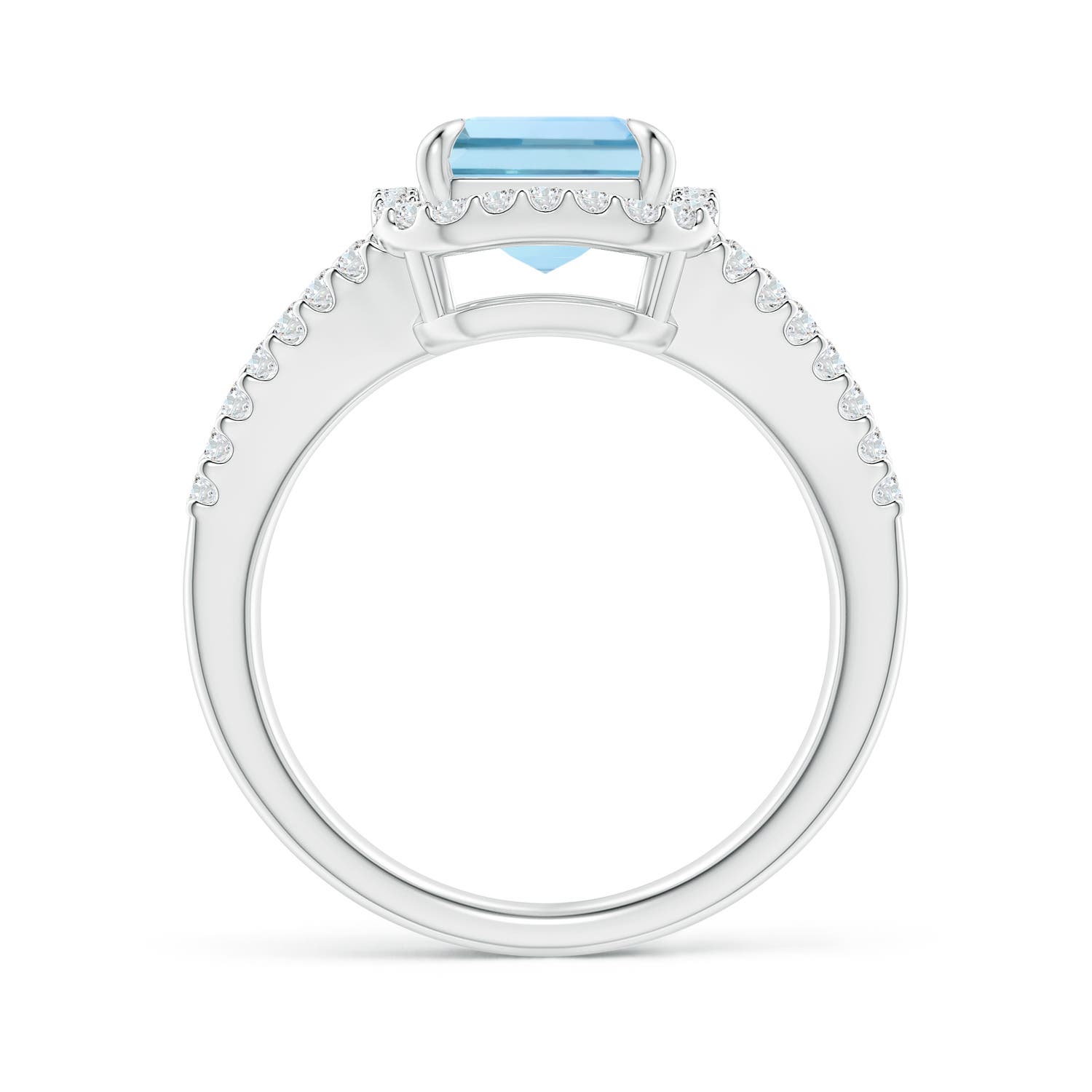 10x8mm AAA Emerald-Cut Aquamarine Split Shank Halo Ring in White Gold