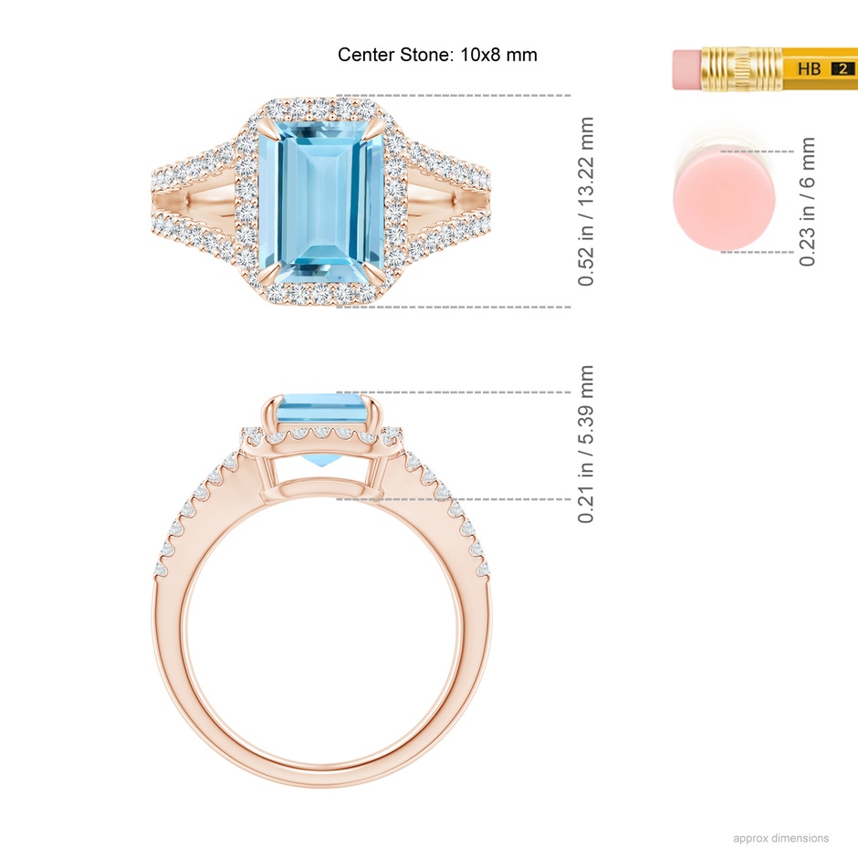 10x8mm AAAA Emerald-Cut Aquamarine Split Shank Halo Ring in 18K Rose Gold ruler