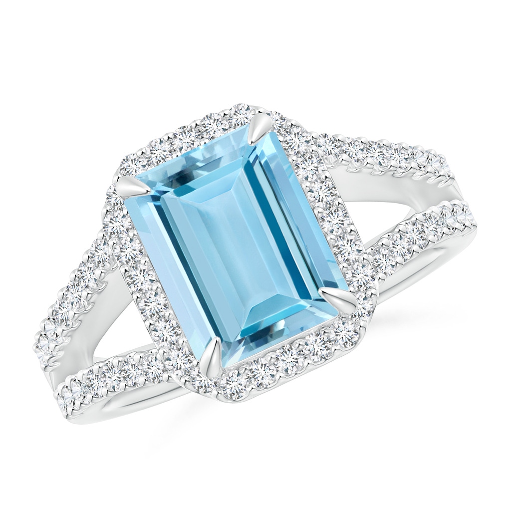 10x8mm AAAA Emerald-Cut Aquamarine Split Shank Halo Ring in P950 Platinum