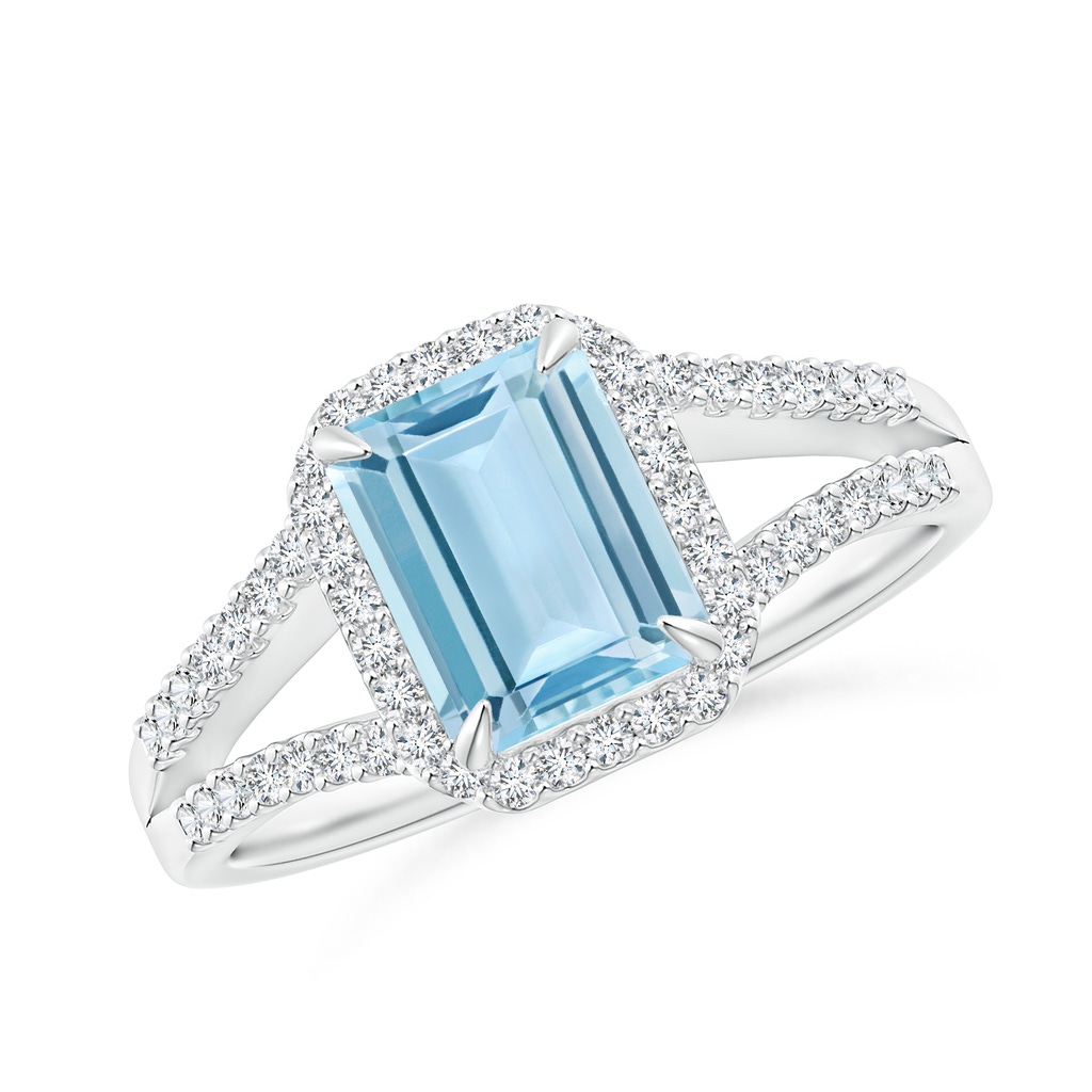 8x6mm AAA Emerald-Cut Aquamarine Split Shank Halo Ring in 18K White Gold