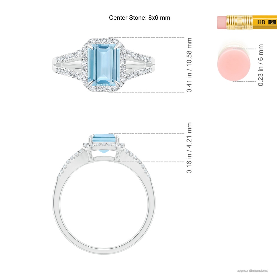 8x6mm AAA Emerald-Cut Aquamarine Split Shank Halo Ring in White Gold ruler