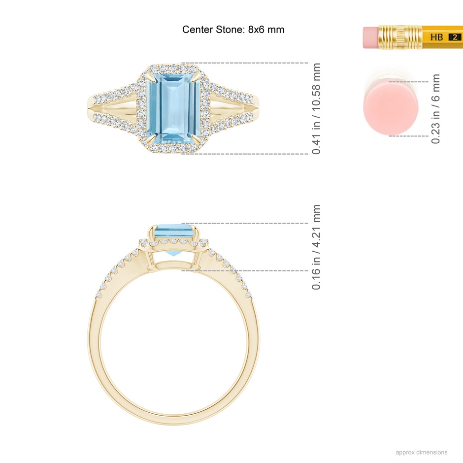 8x6mm AAA Emerald-Cut Aquamarine Split Shank Halo Ring in Yellow Gold ruler