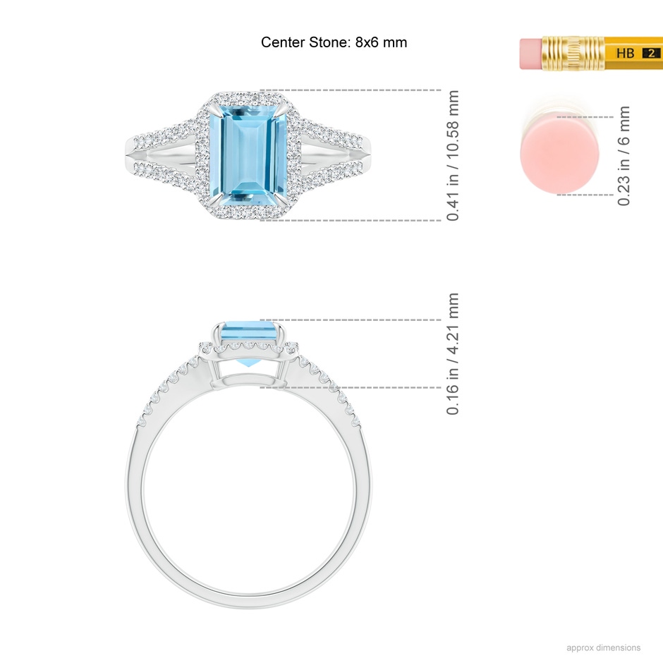 8x6mm AAAA Emerald-Cut Aquamarine Split Shank Halo Ring in White Gold ruler