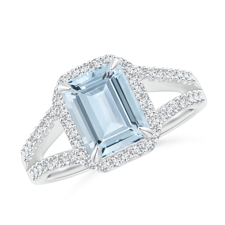 9x7mm A Emerald-Cut Aquamarine Split Shank Halo Ring in 18K White Gold 