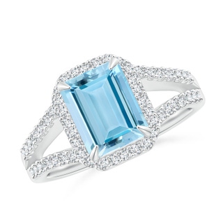 9x7mm AAAA Emerald-Cut Aquamarine Split Shank Halo Ring in P950 Platinum