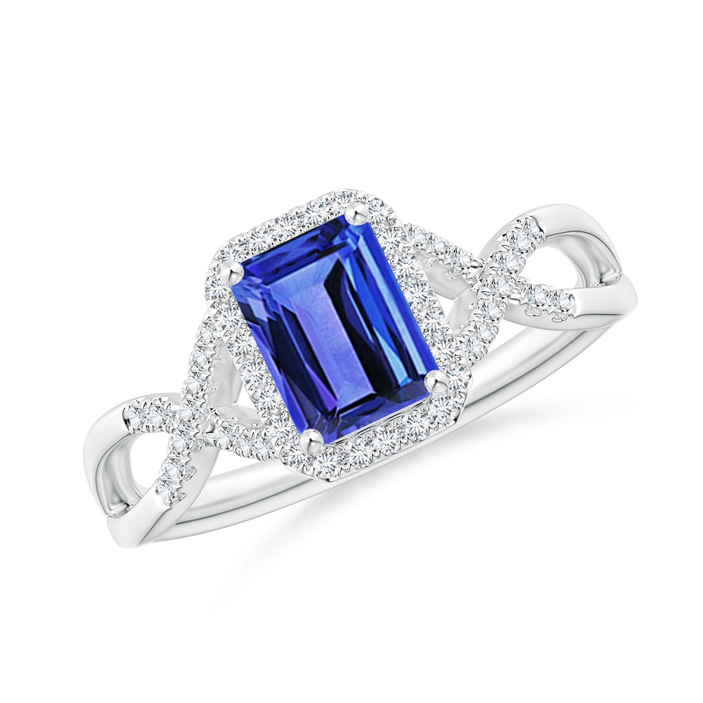 7x5mm AAA Emerald-Cut Tanzanite Criss Cross Ring with Diamond Halo in White Gold