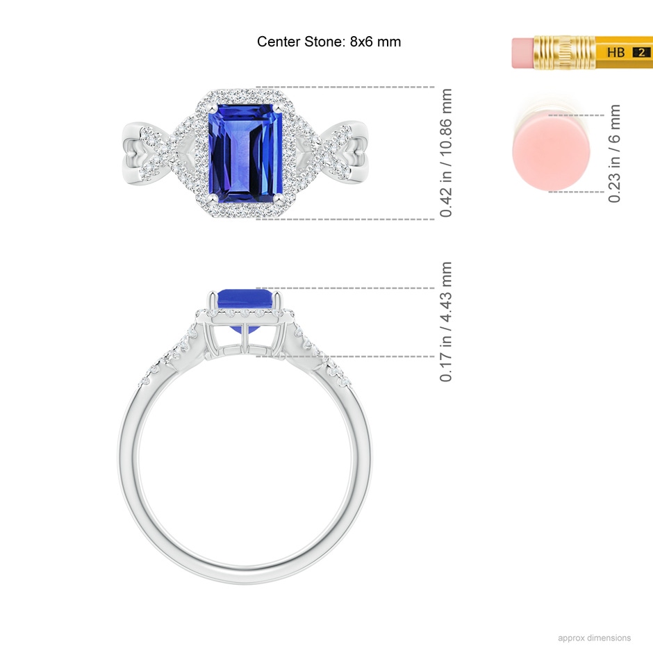 8x6mm AAA Emerald-Cut Tanzanite Criss Cross Ring with Diamond Halo in White Gold ruler