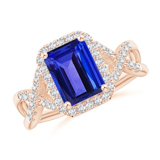 9x7mm AAAA Emerald-Cut Tanzanite Criss Cross Ring with Diamond Halo in Rose Gold