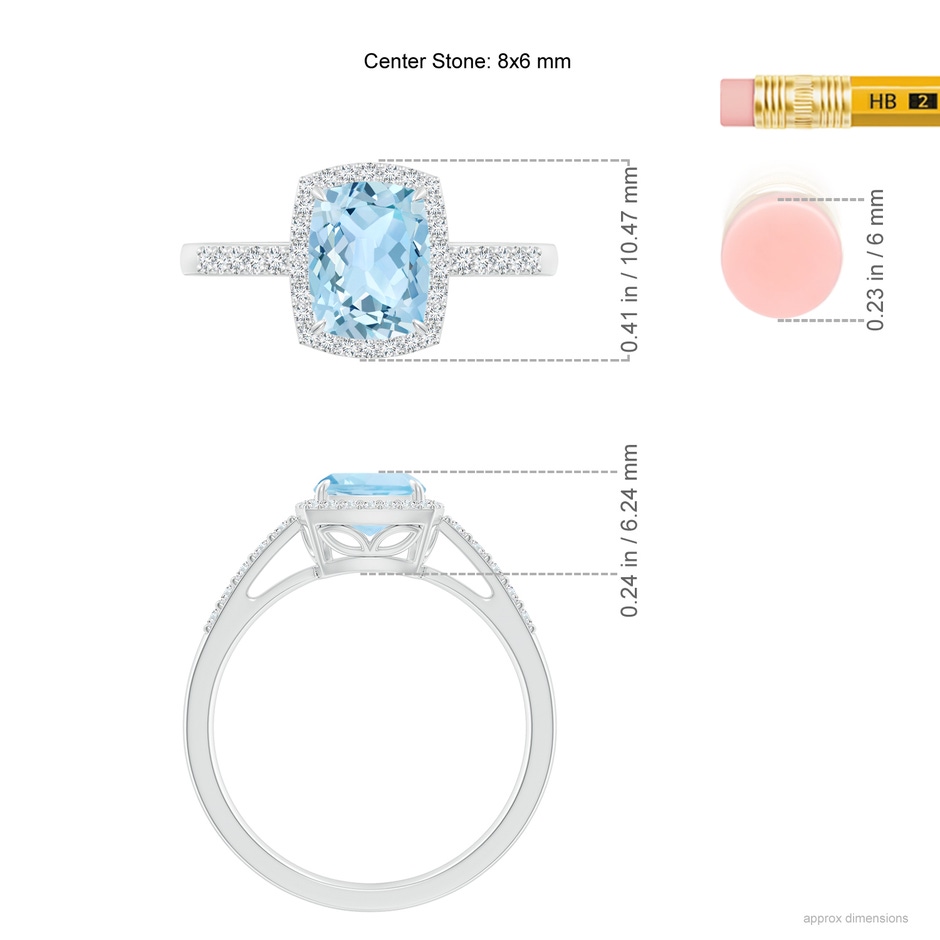 8x6mm AAA Rectangular Cushion Aquamarine Halo Engagement Ring in White Gold ruler