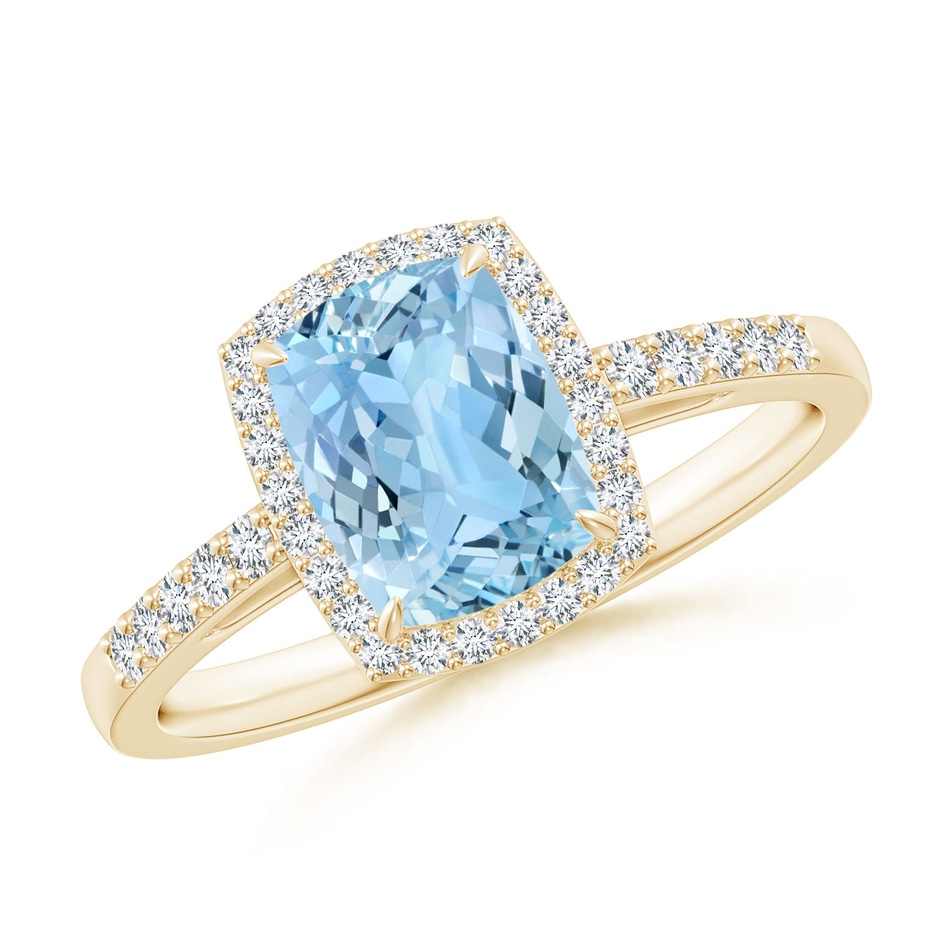 8x6mm AAAA Rectangular Cushion Aquamarine Halo Engagement Ring in Yellow Gold 