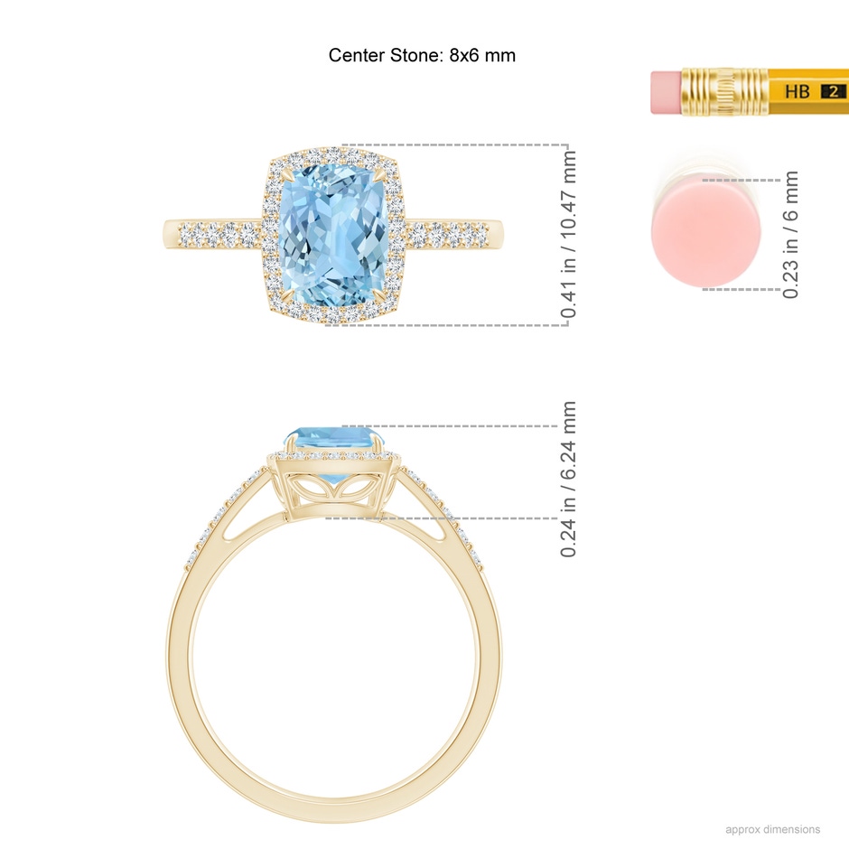 8x6mm AAAA Rectangular Cushion Aquamarine Halo Engagement Ring in Yellow Gold ruler