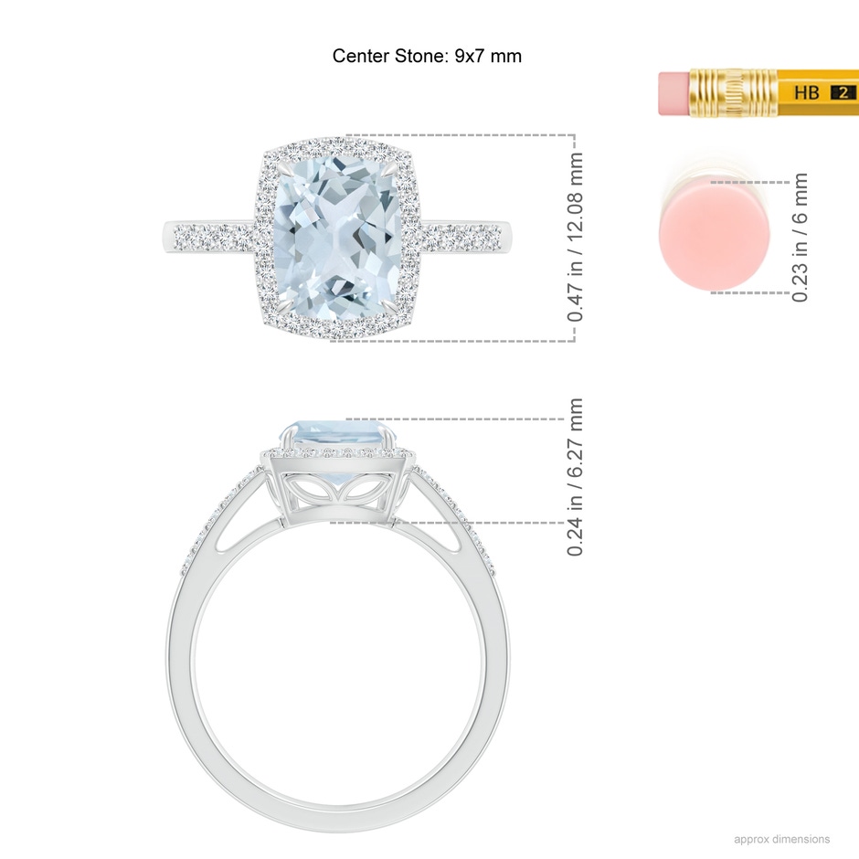9x7mm A Rectangular Cushion Aquamarine Halo Engagement Ring in P950 Platinum ruler
