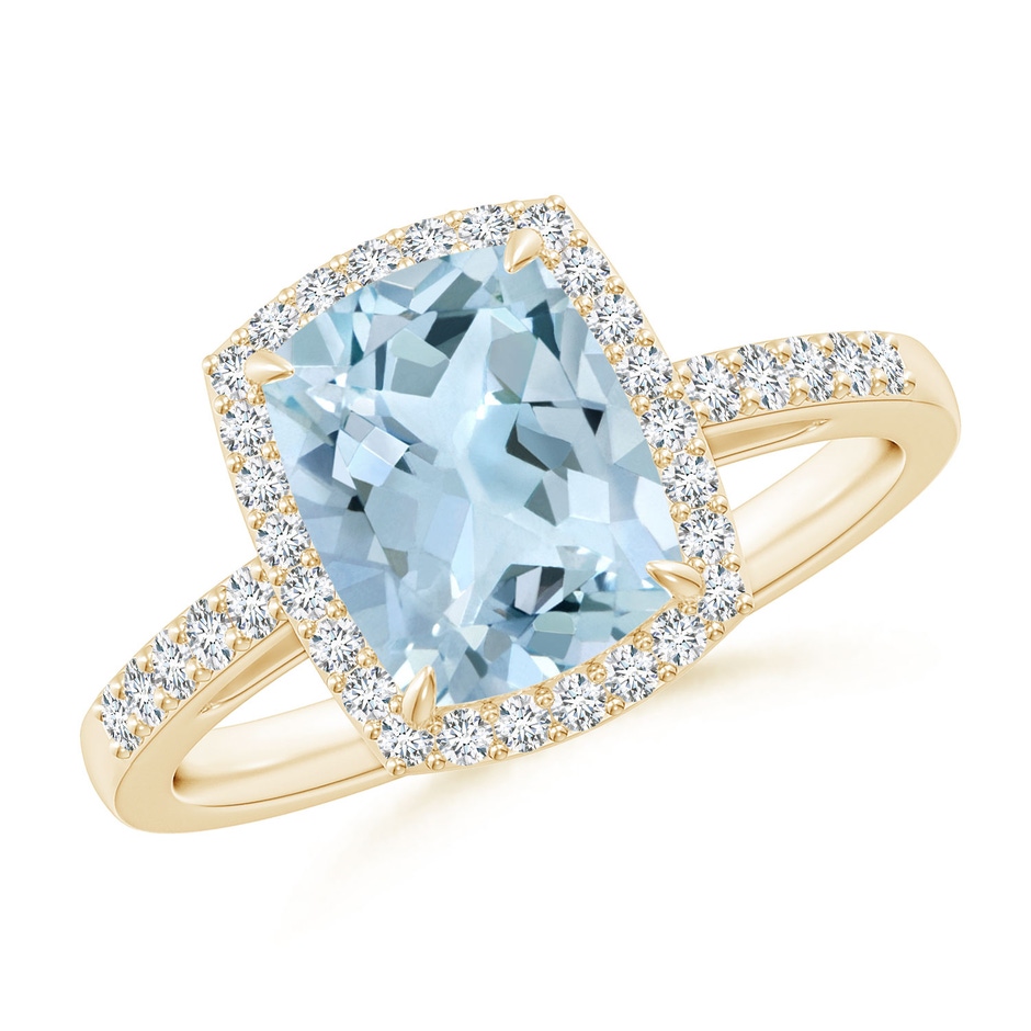 9x7mm AA Rectangular Cushion Aquamarine Halo Engagement Ring in Yellow Gold 