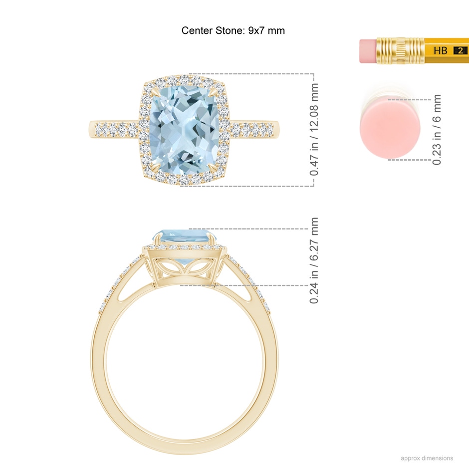 9x7mm AA Rectangular Cushion Aquamarine Halo Engagement Ring in Yellow Gold ruler