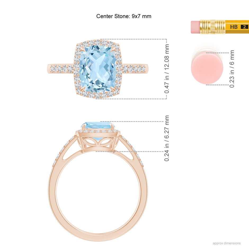 9x7mm AAA Rectangular Cushion Aquamarine Halo Engagement Ring in Rose Gold ruler