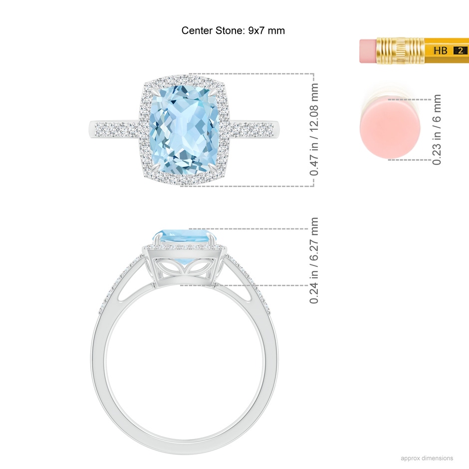 9x7mm AAA Rectangular Cushion Aquamarine Halo Engagement Ring in White Gold ruler