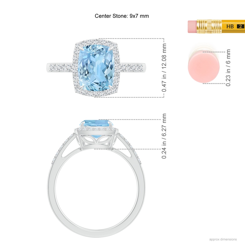 9x7mm AAAA Rectangular Cushion Aquamarine Halo Engagement Ring in P950 Platinum ruler