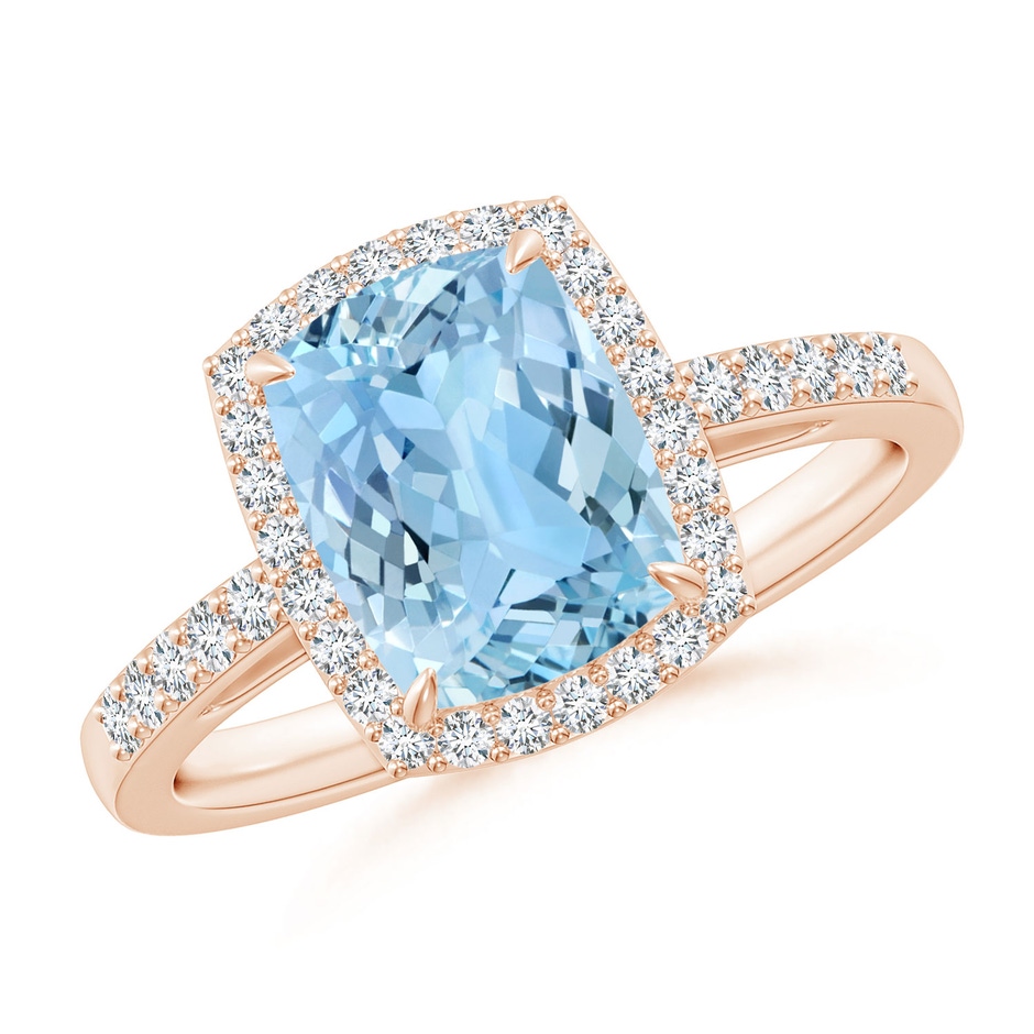 9x7mm AAAA Rectangular Cushion Aquamarine Halo Engagement Ring in Rose Gold 