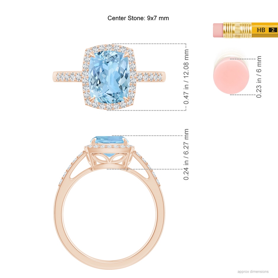 9x7mm AAAA Rectangular Cushion Aquamarine Halo Engagement Ring in Rose Gold ruler