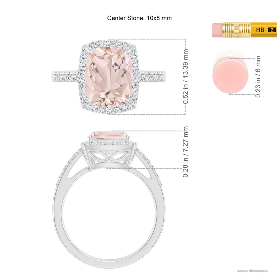 10x8mm A Rectangular Cushion Morganite Halo Engagement Ring in White Gold ruler