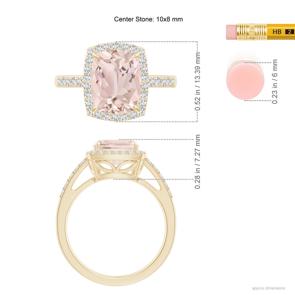 10x8mm A Rectangular Cushion Morganite Halo Engagement Ring in Yellow Gold ruler