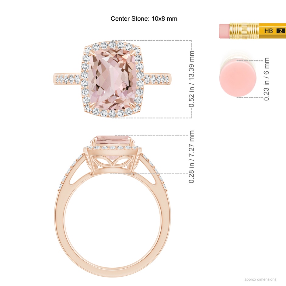 10x8mm AA Rectangular Cushion Morganite Halo Engagement Ring in Rose Gold ruler
