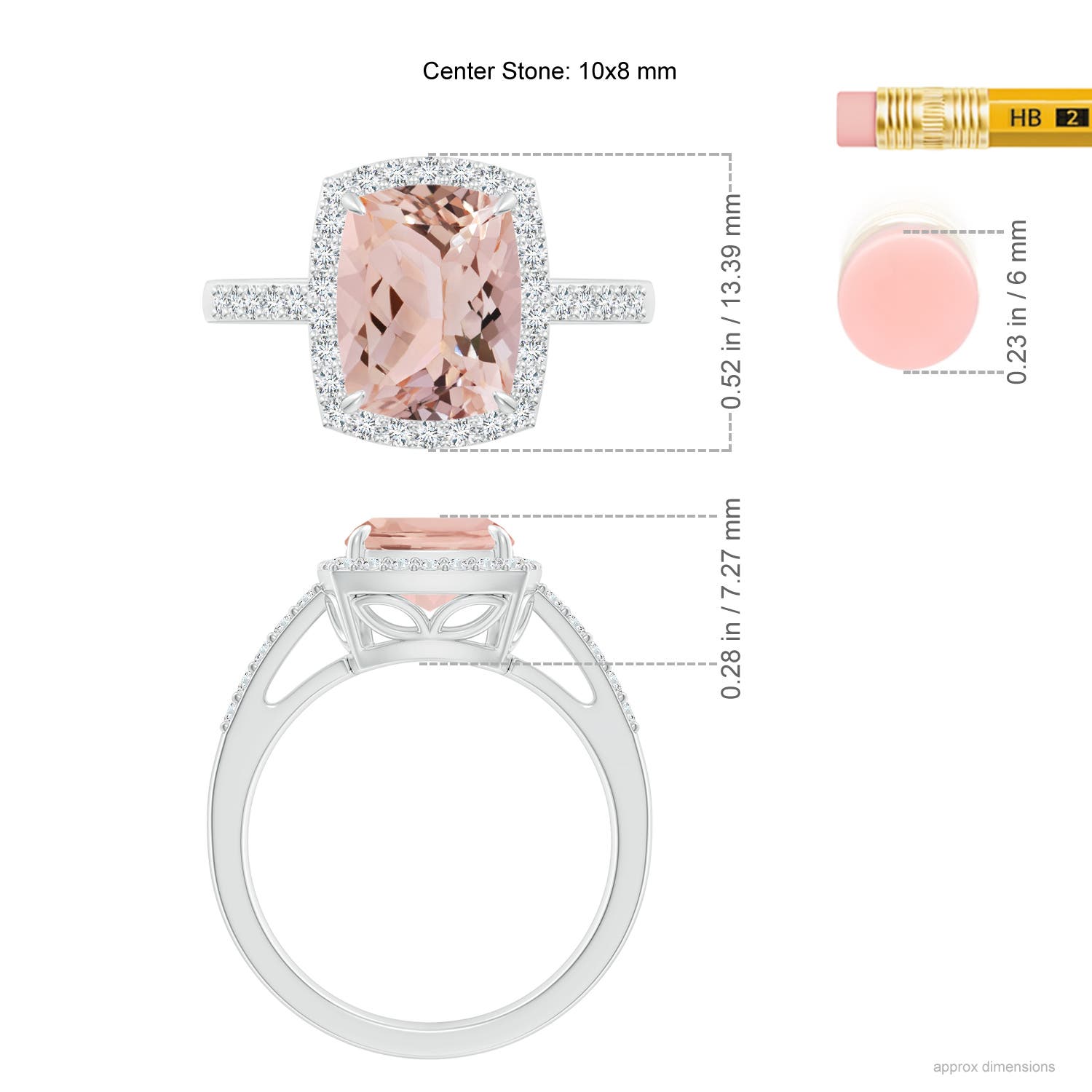 10x8mm AAA Rectangular Cushion Morganite Halo Engagement Ring in P950 Platinum - ruler