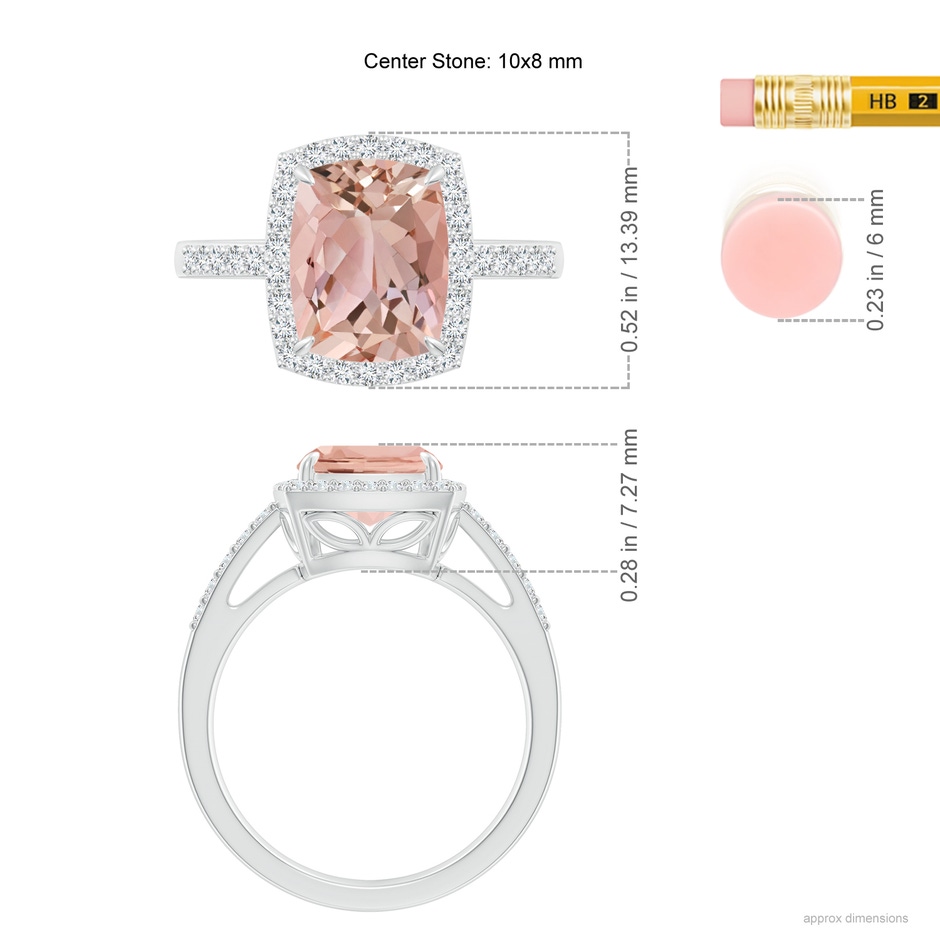 10x8mm AAAA Rectangular Cushion Morganite Halo Engagement Ring in P950 Platinum ruler